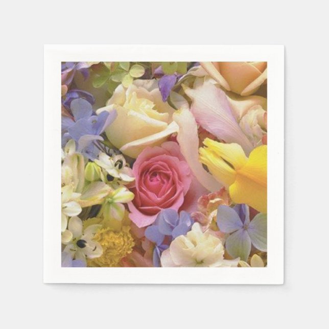 Serviettes En Papier Rose, Roses Blanches, Violet, Fleurs Irises Jaunes (Devant)