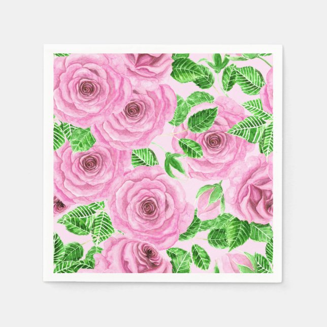 Serviettes En Papier Roses d'aquarelle rose avec feuilles et pattes de  (Devant)