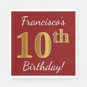 Serviettes En Papier Rouge, Faux Gold 10e anniversaire + Nom personnali