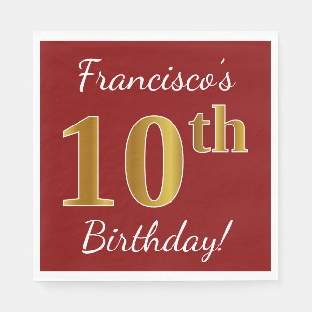 Serviettes En Papier Rouge, Faux Gold 10e anniversaire + Nom personnali (Devant)