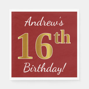 Serviettes En Papier Rouge, Faux Gold 16e anniversaire + Nom personnali
