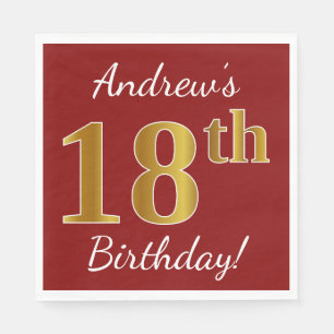 Serviettes En Papier Rouge, Faux Gold 18e anniversaire + Nom personnali