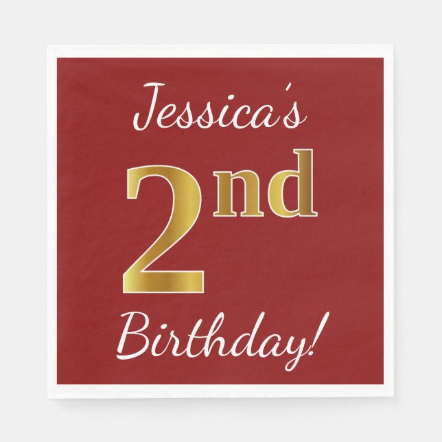 Serviettes En Papier Rouge, Faux Gold 2e anniversaire + Nom personnalis (Devant)