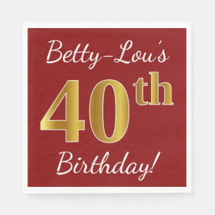Serviettes En Papier Rouge, Faux Gold 40e anniversaire + Nom personnali