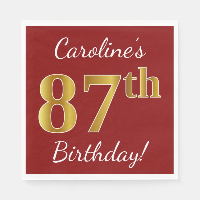 Serviettes En Papier Rouge, Faux Gold 87e anniversaire + Nom personnali (Devant)