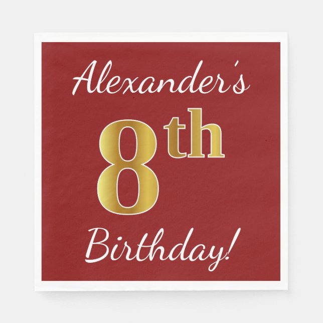 Serviettes En Papier Rouge, Faux Gold 8e anniversaire + Nom personnalis (Devant)