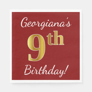 Serviettes En Papier Rouge, Faux Gold 9e anniversaire + Nom personnalis
