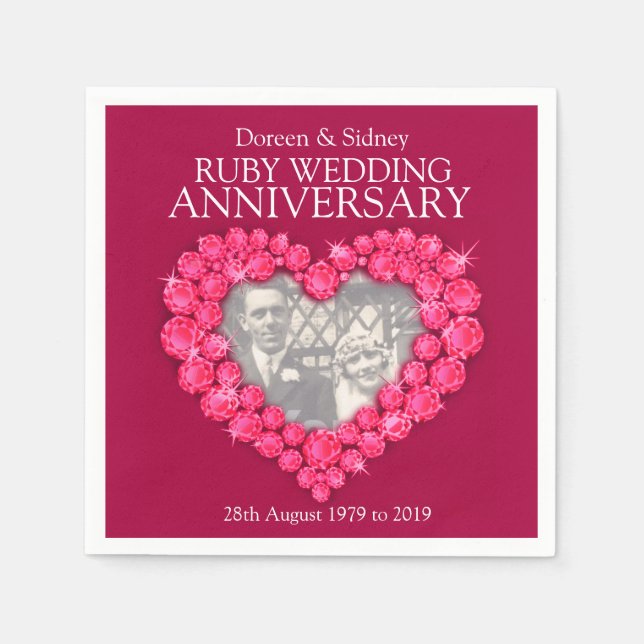 Serviettes En Papier Ruby Mariage 40 ans coeur photo et nom serviettes (Devant)