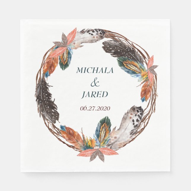 Serviettes En Papier Russe Boho Feather Mariage Wreath (Devant)