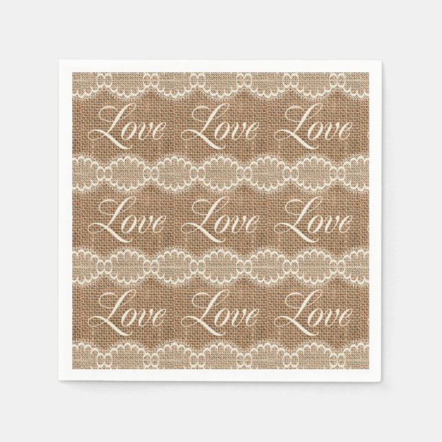 Serviettes En Papier Rustique Mariage Burlap Lace Love (Devant)