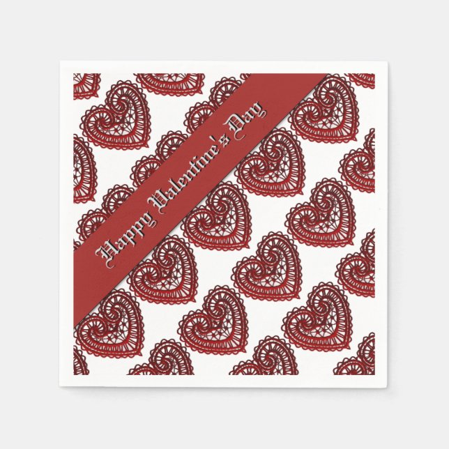 Serviettes En Papier Saint Valentin Red Lace Hearts Motif Napkins (Devant)