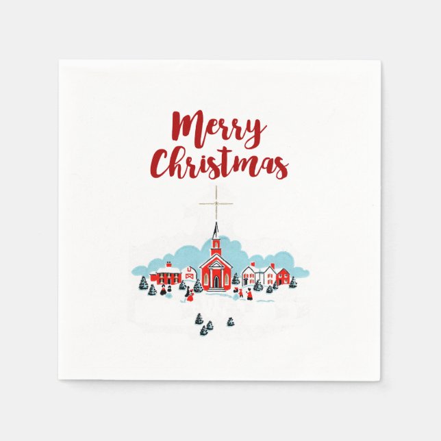 Serviettes En Papier Scène d'hiver avec une église rouge et l'étoile de (Devant)