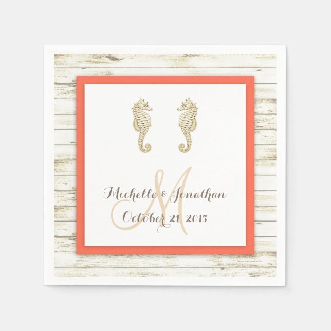 Serviettes En Papier Seahorse Whitewashed Wood Beach Wedding Napkin (Devant)