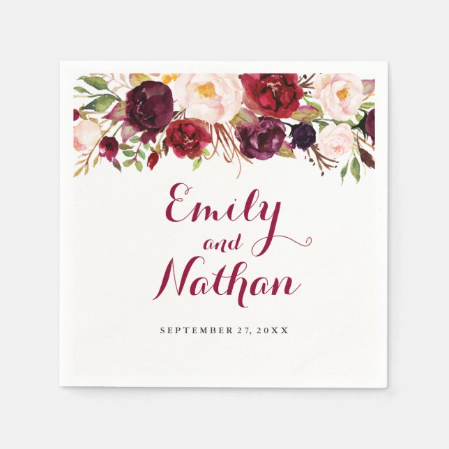 Serviettes En Papier Serviette de mariage automnale florale Bourgogne r (Devant)
