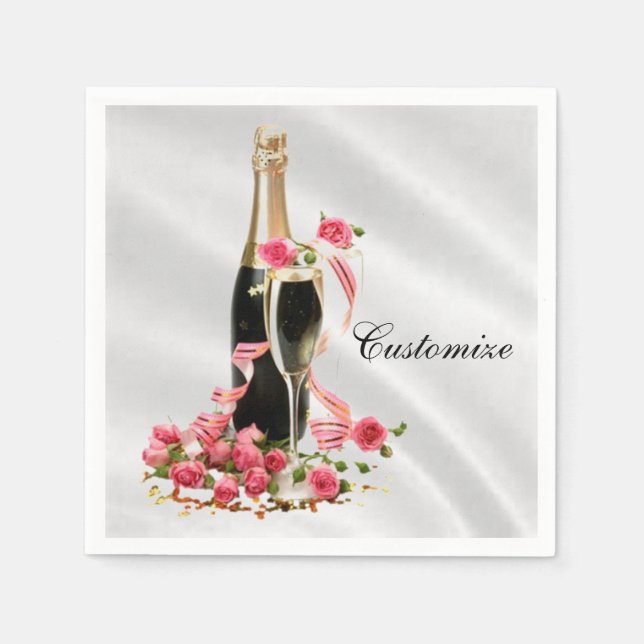 Serviettes En Papier Serviettes en satin blanc 'Champagne & Roses' (Devant)