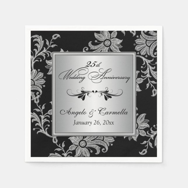 Serviettes En Papier Serviettes noires, 25e anniversaire de Mariage en  (Devant)
