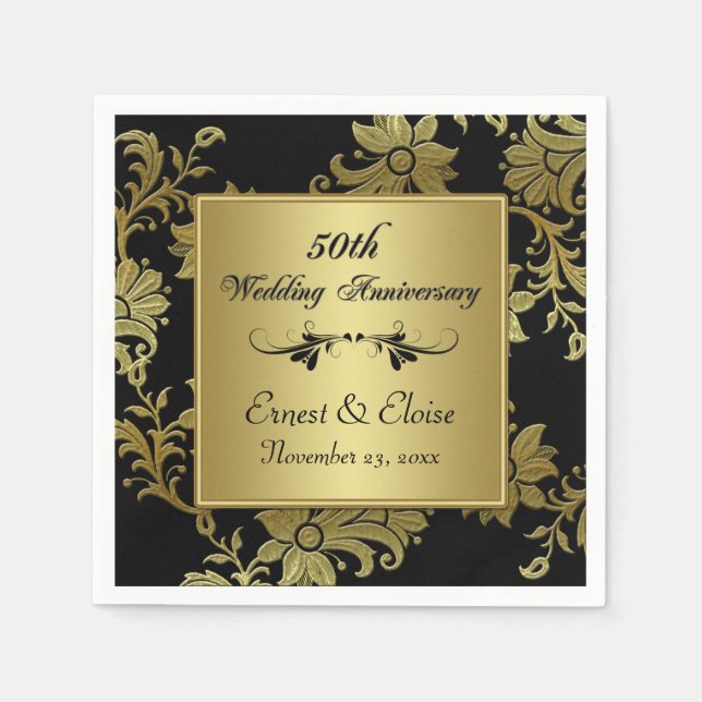 Serviettes En Papier Serviettes noires, Gold 50e anniversaire Mariage (Devant)