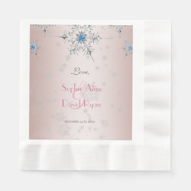Serviettes En Papier Snowflakes en argent Cristaux Perles rose Mariage (Devant)