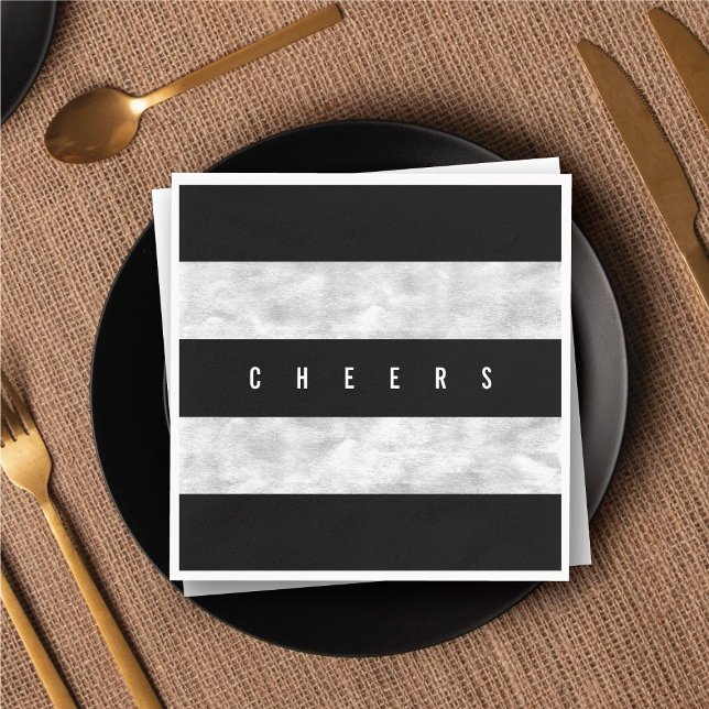 Serviettes En Papier Soirée Chic Silver Foil Black Stripe Fête (Cheers Chic Silver Foil Black Stripe Holiday Party Paper Napkins @ fat_fa_tin)