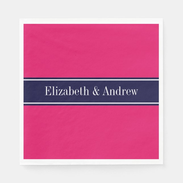 Serviettes En Papier Solid Raspberry, Navy Blue Ribbon Nom monogram (Devant)