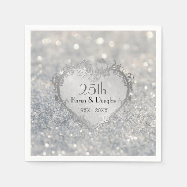 Serviettes En Papier Sparkle Coeur d'argent 25e anniversaire Mariage (Devant)