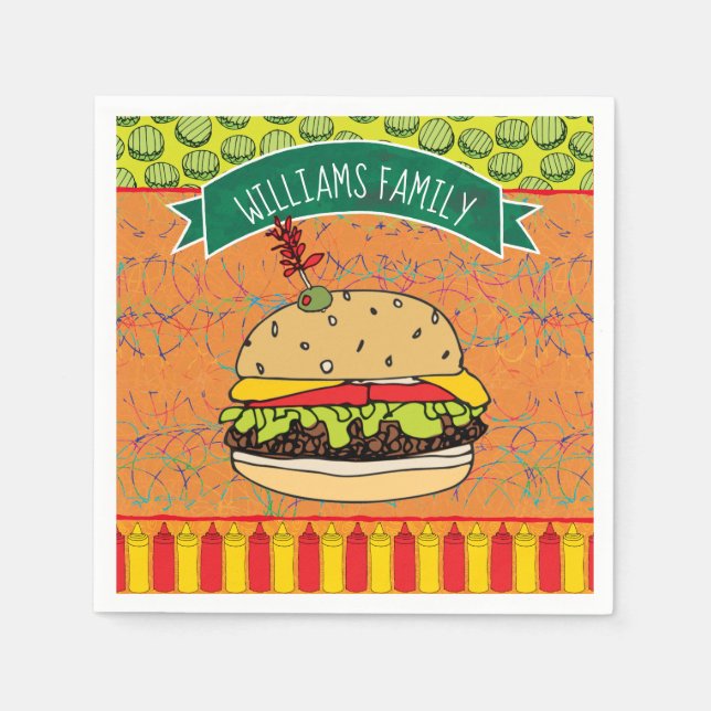 Serviettes En Papier Summer BBQ Cheeseburger Ajouter un nom (Devant)