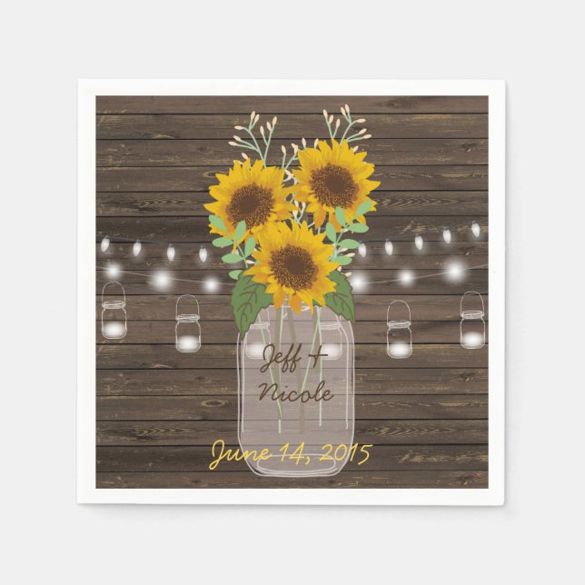 Serviettes En Papier Sunflower Country Wood Mason Jar Mariage (Devant)