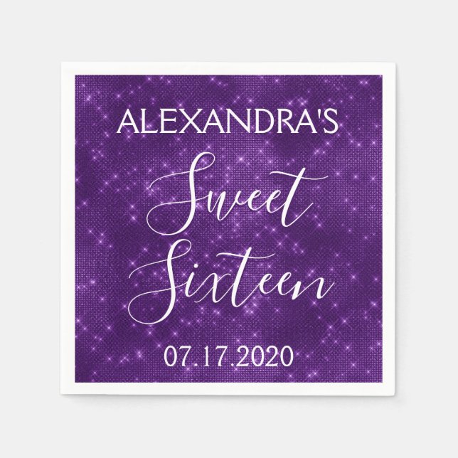 Serviettes En Papier Sweet 16 Anniversaire Purple Sparkle et Shimmer (Devant)