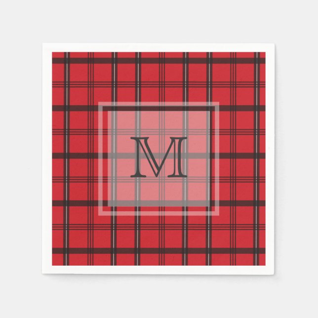 Serviettes En Papier Tartan noir et rouge monogramme (Devant)