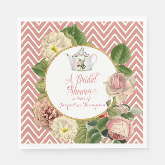 Serviettes En Papier Tea Party Fête des mariées Chevron Stripes Rose (Devant)