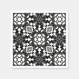 Serviettes En Papier Tuile marocaine florale, noire et blanche