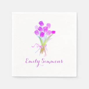 Serviettes En Papier Tulipes violettes & Nom - Serviette de cocktail