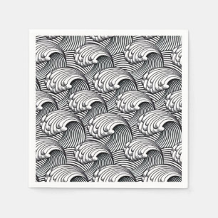 Serviettes En Papier Vagues japonaises vintages, noir et blanc