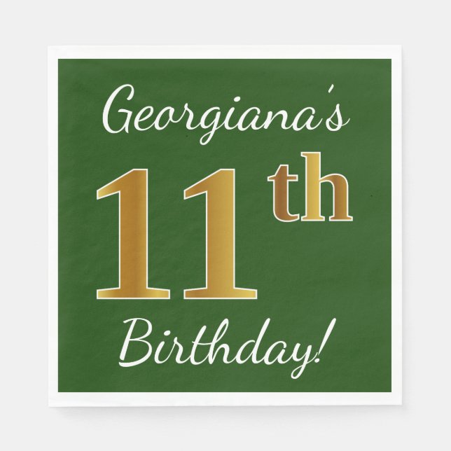 Serviettes En Papier Vert, Faux Gold 11e anniversaire + Nom personnalis (Devant)