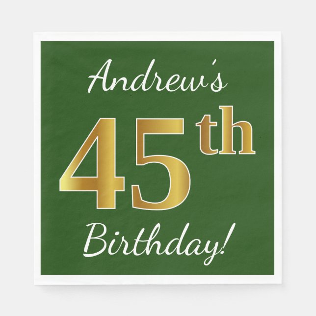 Serviettes En Papier Vert, Faux Gold 45e anniversaire + Nom personnalis (Devant)