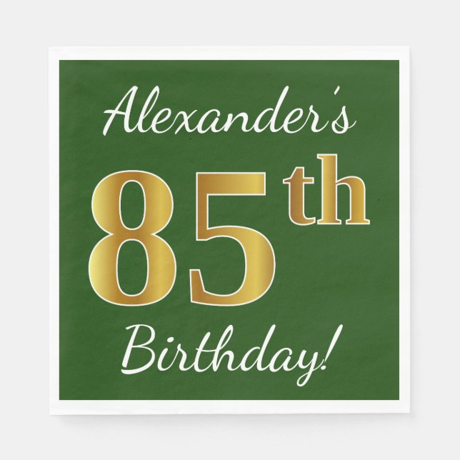 Serviettes En Papier Vert, Faux Gold 85e anniversaire + Nom personnalis (Devant)