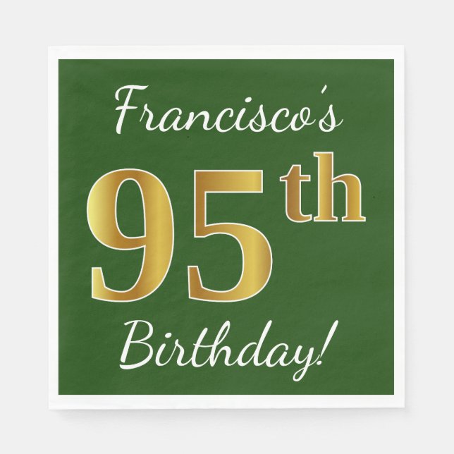 Serviettes En Papier Vert, Faux Gold 95e anniversaire + Nom personnalis (Devant)