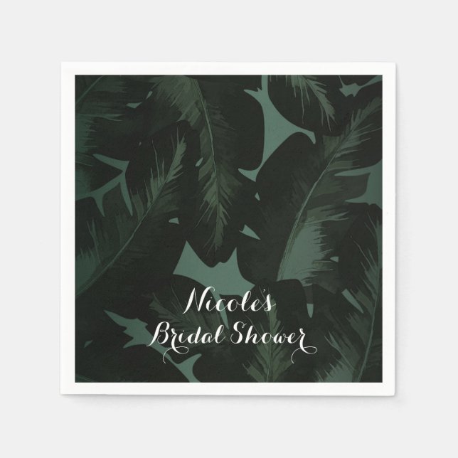 Serviettes En Papier Vert & Noir Chic Feuille Mariage Tropical (Devant)