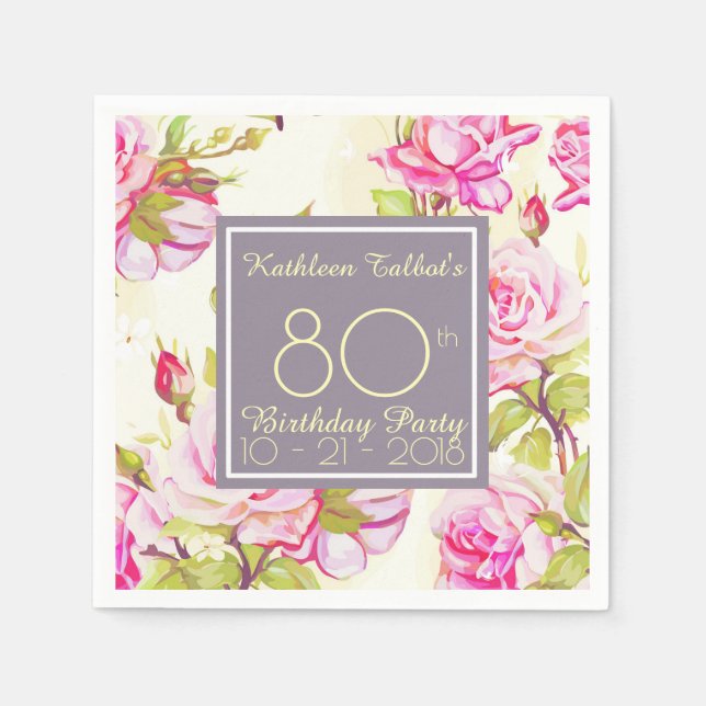 Serviettes En Papier Vieux Rose 80e anniversaire Papier de fête Napkin (Devant)