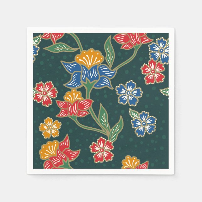 Serviettes En Papier Vignes florales indonésiennes vert foncé Batik mot (Devant)