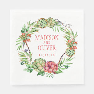 Serviettes En Papier Vintage Floral Vert & Rose Succulent   MARIAGE