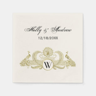 Serviettes En Papier Vintage Paons Monogramme Ivoire Or Faux BG