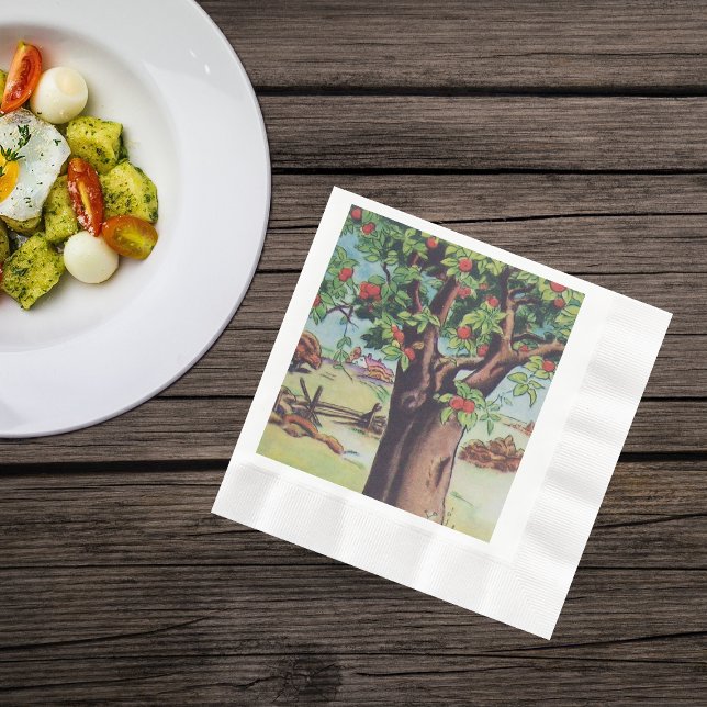 Serviettes En Papier Vintage Vieux arbre de pomme Champ (Apple tree in field by fence on farm on napkins.)