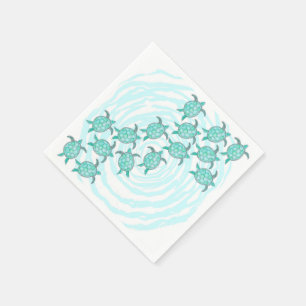 Serviettes En Papier Watercolor Teal Sea Turtles on Swirly Stripes