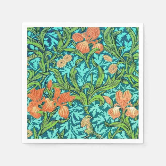 Serviettes En Papier William Morris Irises, orange et turquoise (Devant)