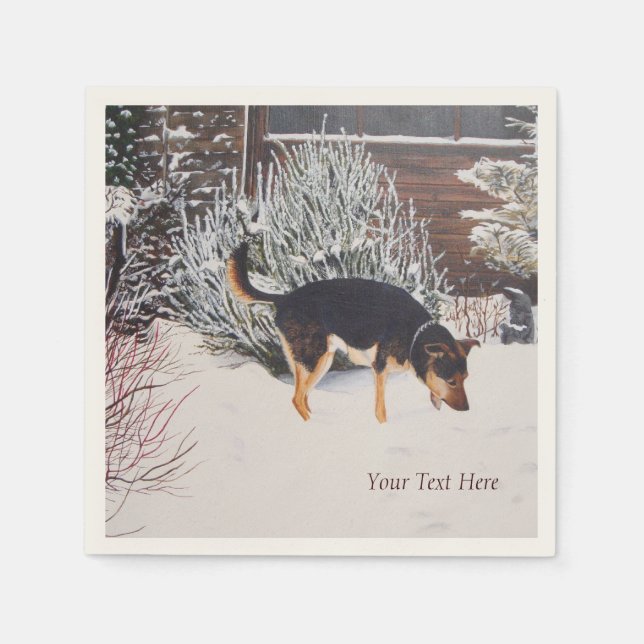Serviettes En Papier Winter snow scene with cute black and tan dog (Devant)
