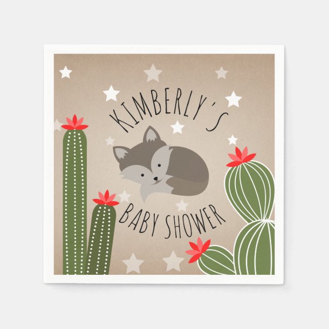 Serviettes En Papier Wolf Pup Cactus Desert Stars Baby shower (Devant)