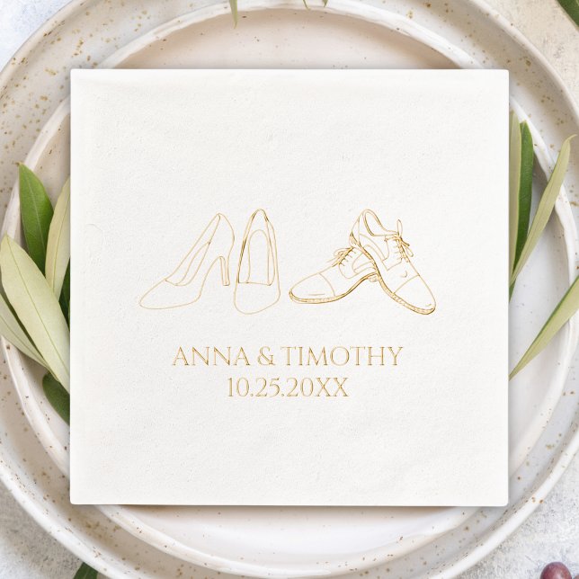 Serviettes Estampées à la Feuille (gold foil wedding cocktail napkin bride & groom shoes hand drawn doodle personalized name & date )