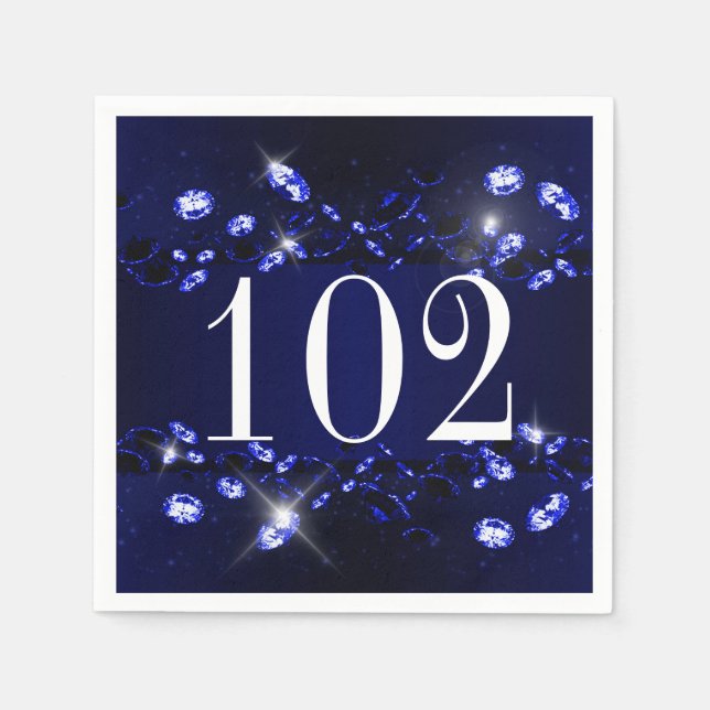 Serviettes Jetables 102e anniversaire femme bleu noir brillant Diamant (Devant)