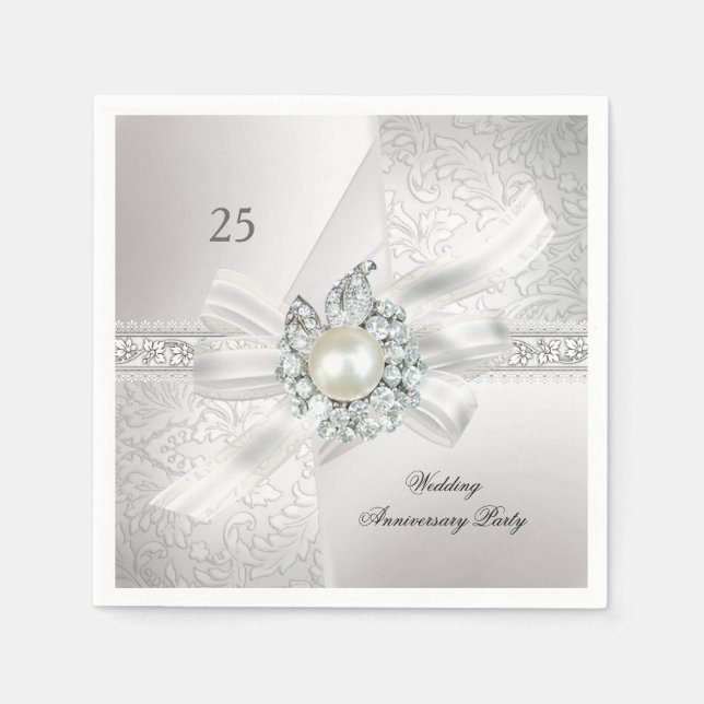 Serviettes Jetables 25e Mariage Parti Pearl White Silver (Devant)